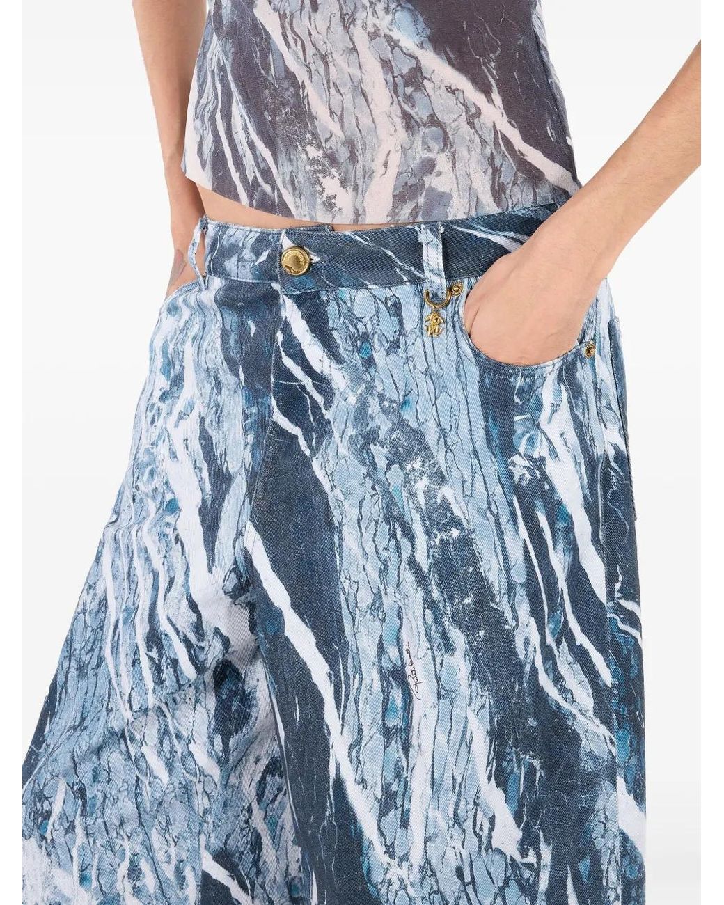 Roberto Cavalli Blue Marble-Print Wide-Leg Jeans
