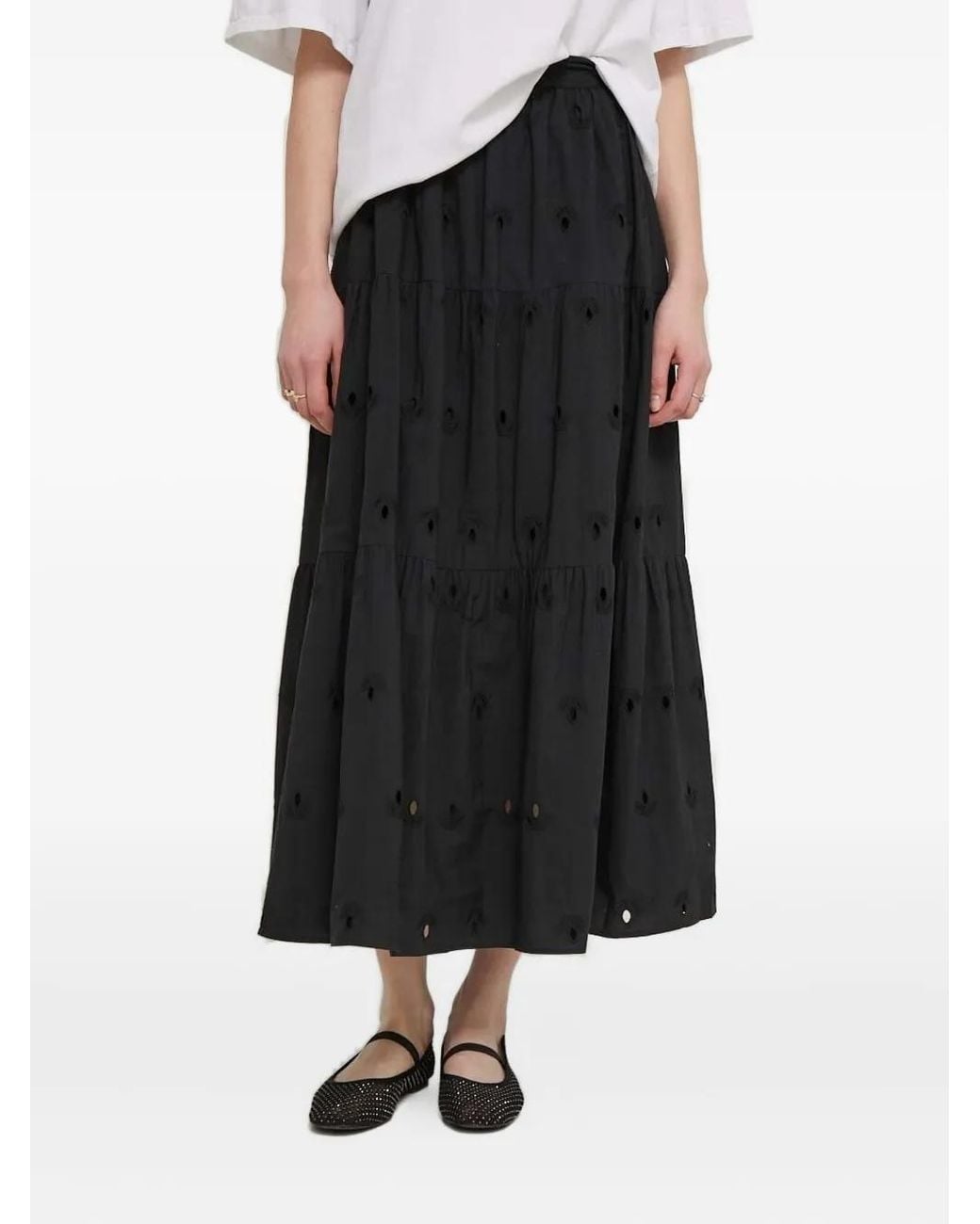 Desigual Black Eyelet-Embroidered Tiered Maxi Skirt