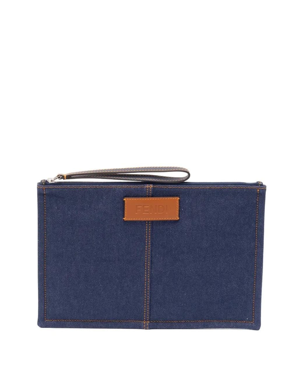 Fendi Blue Medium Logo-Patch Pouch for men
