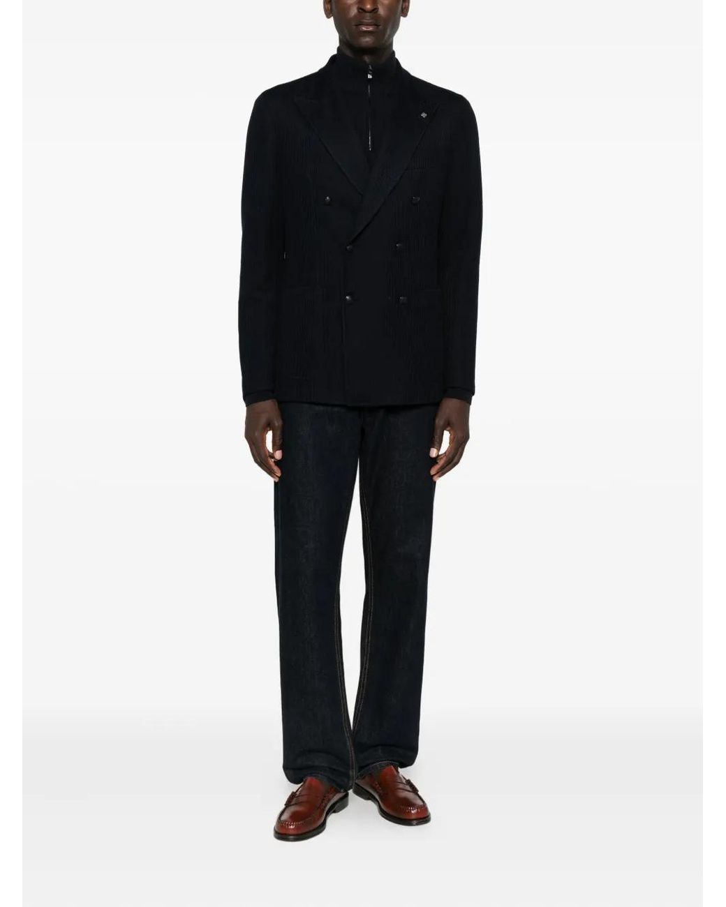 Tagliatore Black Double-Breasted Striped Jacket for men