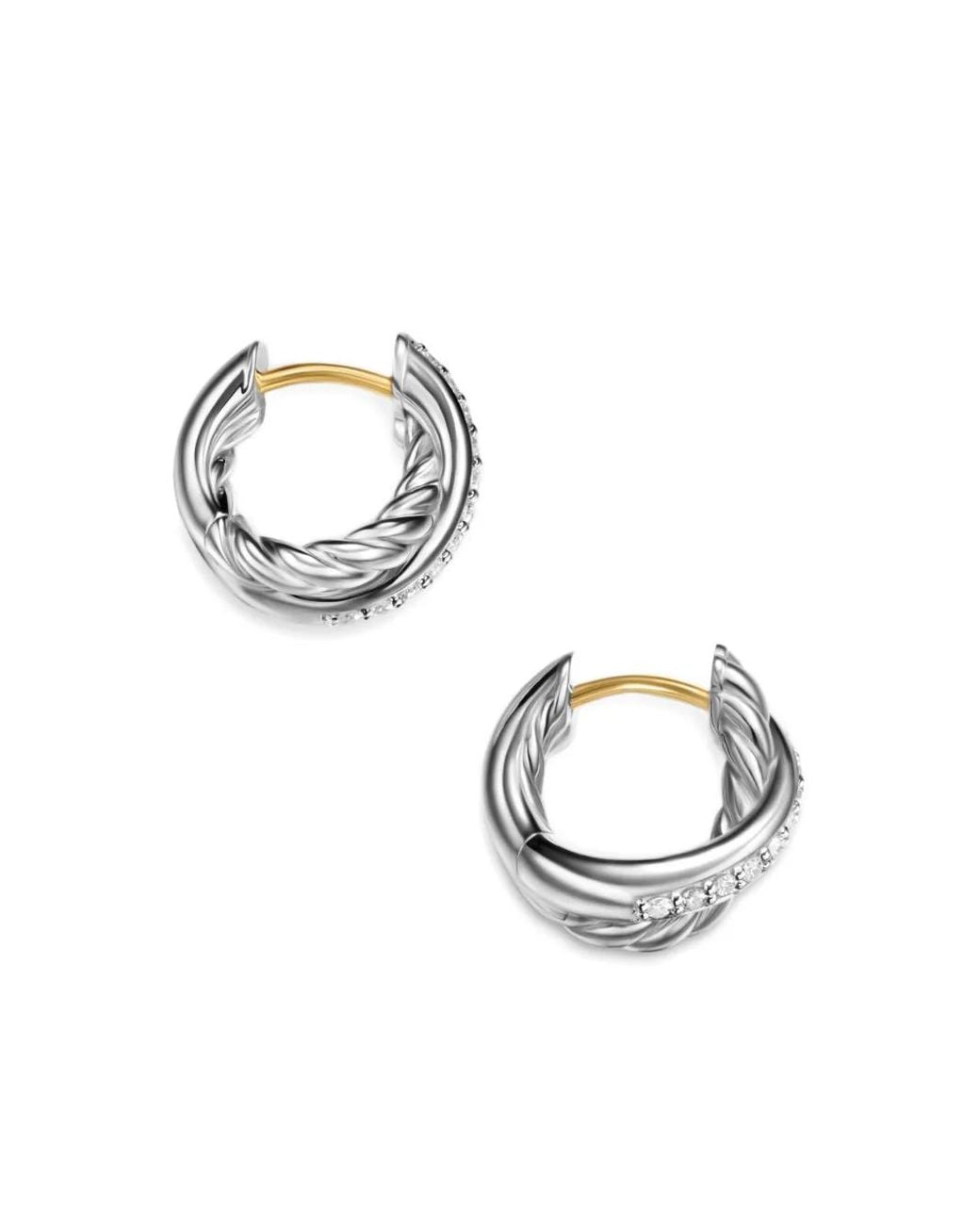 David Yurman White Sterling Crossover Diamond Huggie Hoop Earrings (12.4Mm)