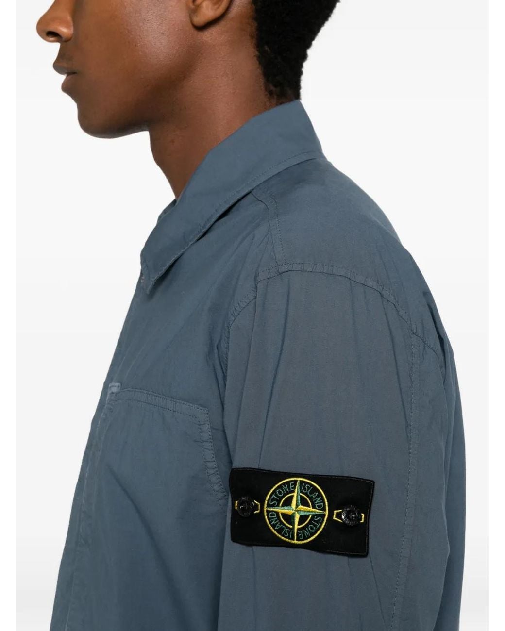 Stone Island Blue Logo-Patch Zip-Up Overshirt for men