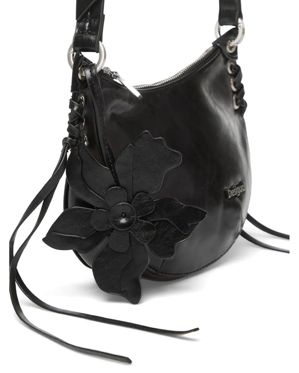 Desigual Black Mini Flower-Charm Lace-Up Cross Body Bag