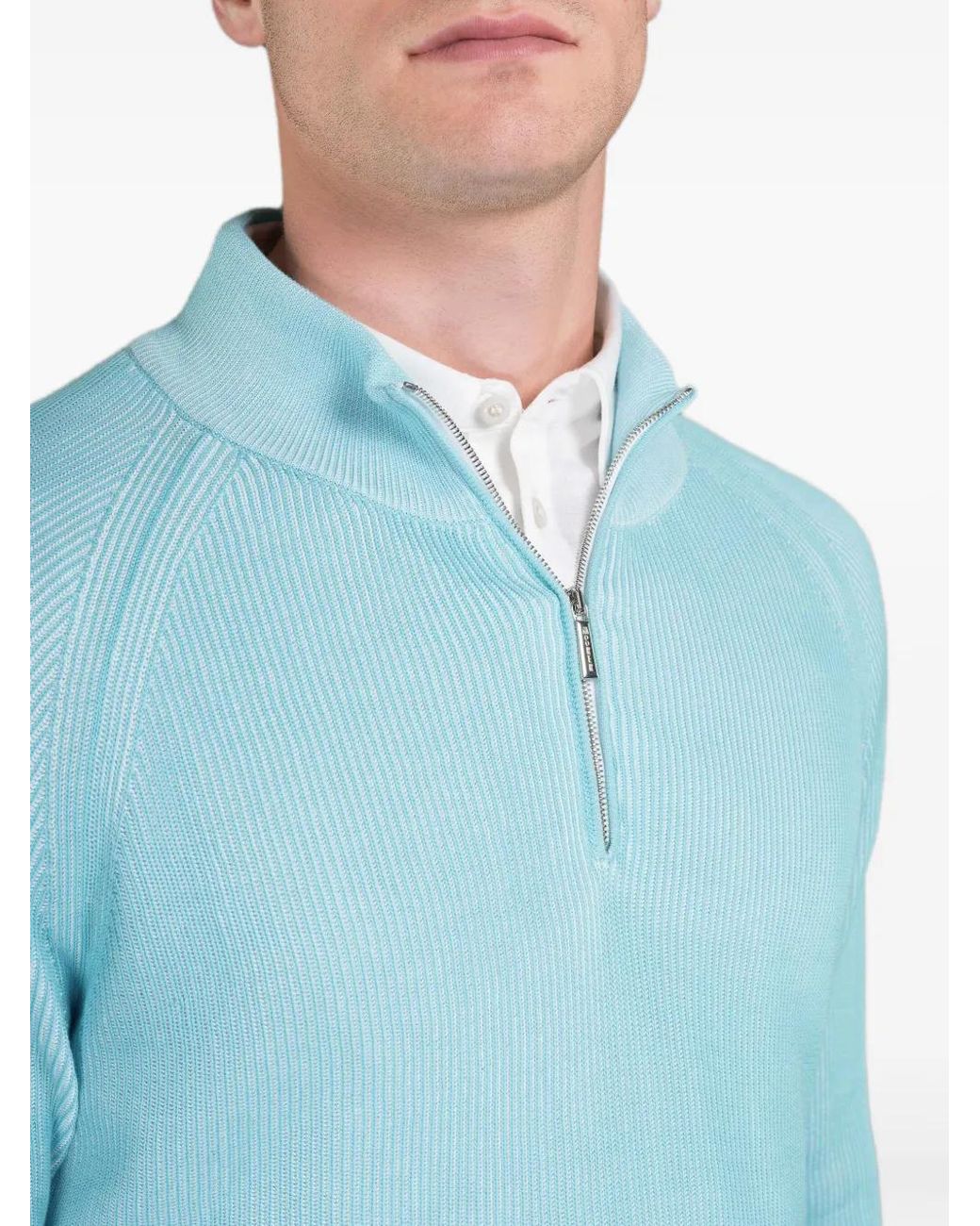 Moorer Blue Fedro-Sia Ribbed Zip-Neck Sweater for men