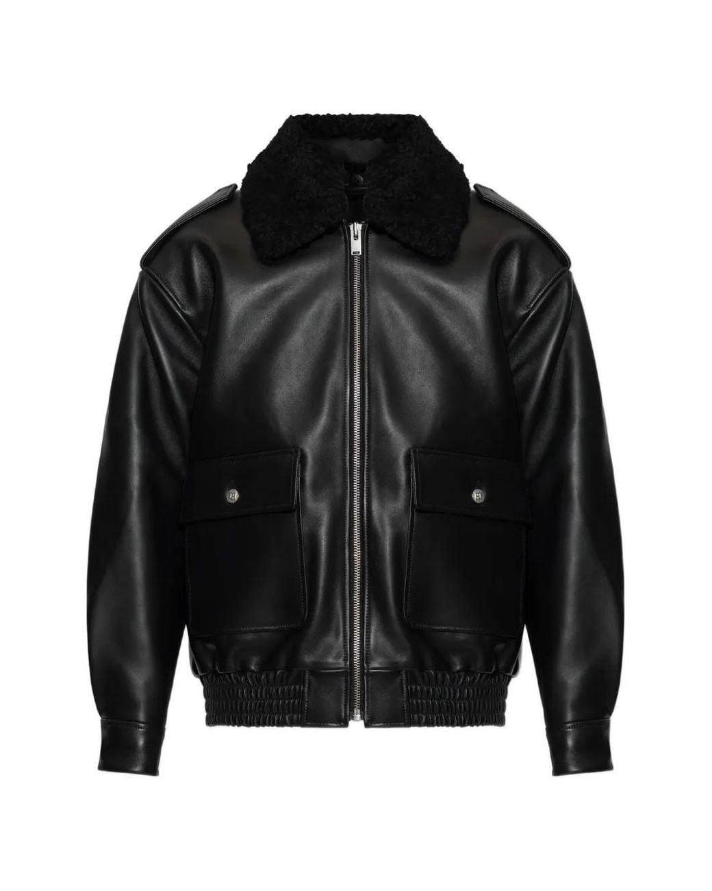 M I S B H V Black Shearling-Collar Leather Jacket for men