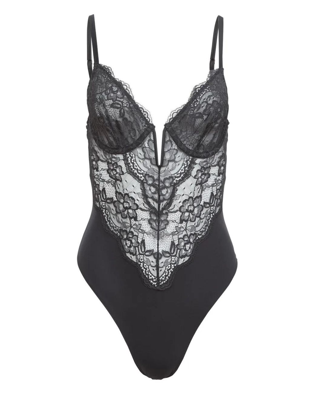 Fleur du Mal Gray Bianca Lace Bodysuit