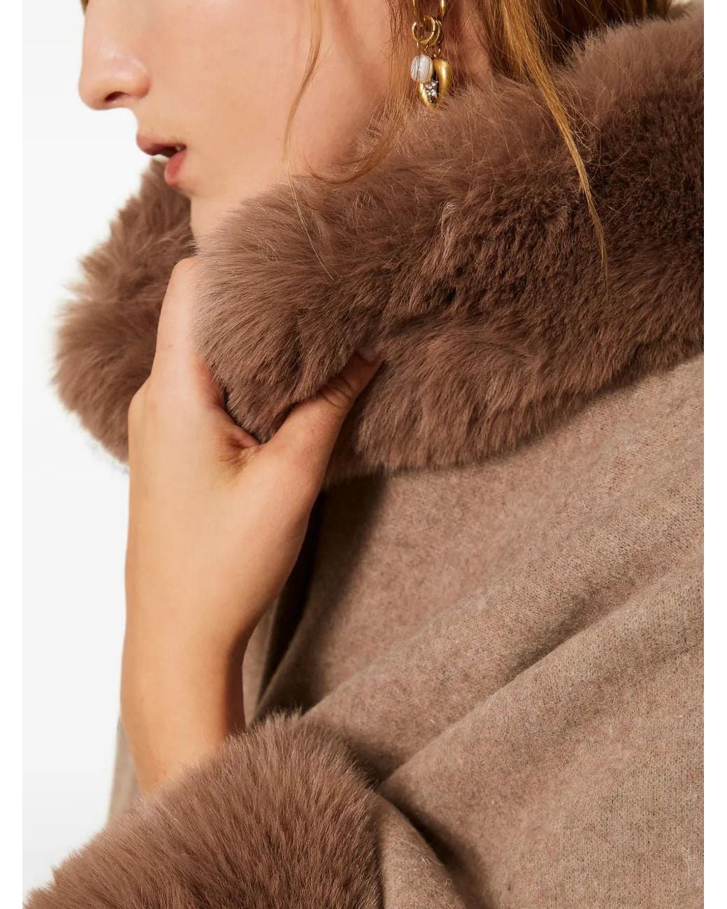 Twinset Brown Wool Cloth Poncho With Faux Fur