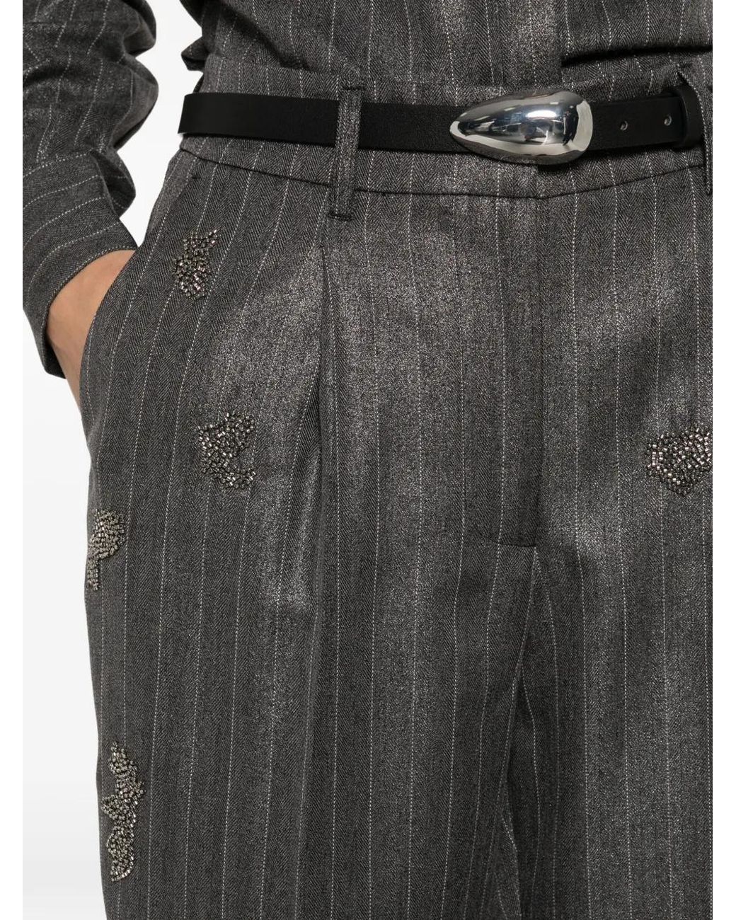Twinset Gray Pinstriped Crystal-Embellished Trousers