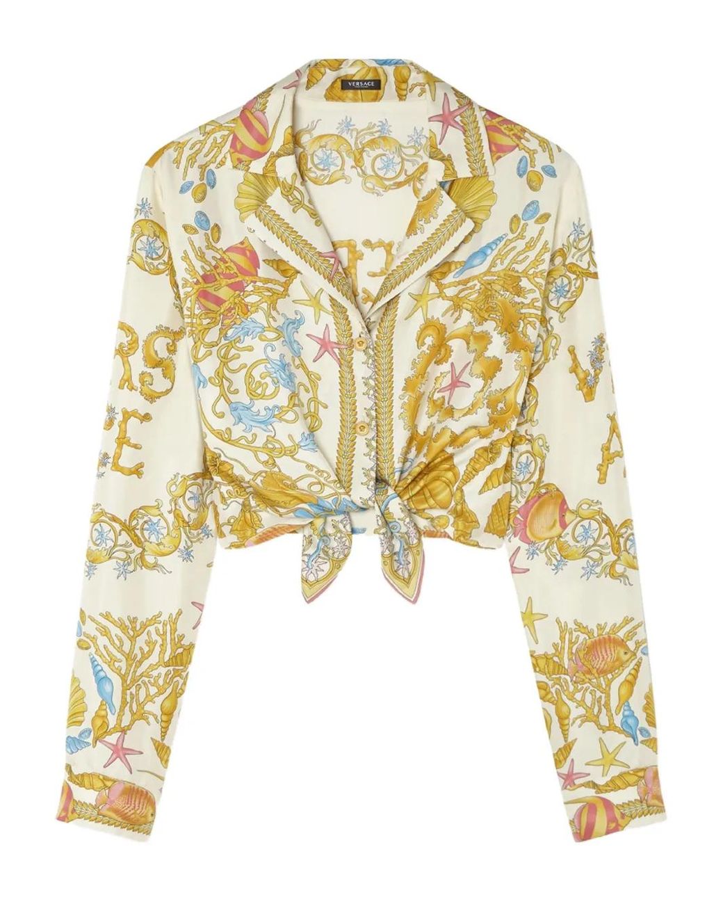 Versace Metallic Underwater Barocco Knotted Crop Silk Shirt