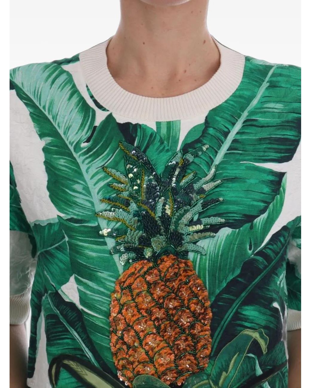 Dolce & Gabbana Green Sequin-Pineapple Banana-Leaf-Print Top