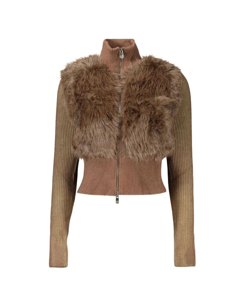 Desigual Brown Faux-Fur Trim Ribbed Sweater