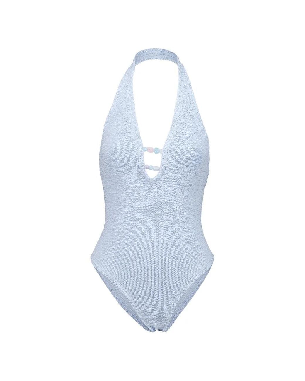 Hunza G Blue Adriana Beaded Crinkle Swimsuit
