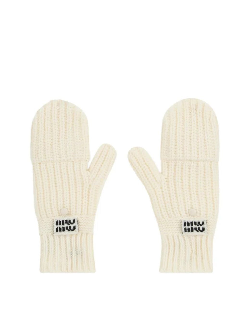 Miu Miu Natural Logo-Patch Ribbed-Knit Mittens