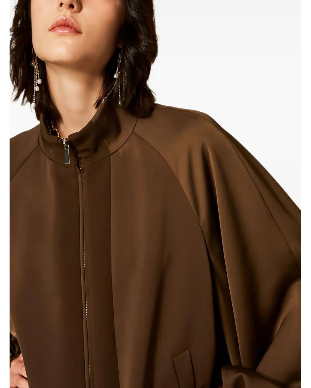 Twinset White Zip-Up Balloon-Sleeve Bomber Jacket
