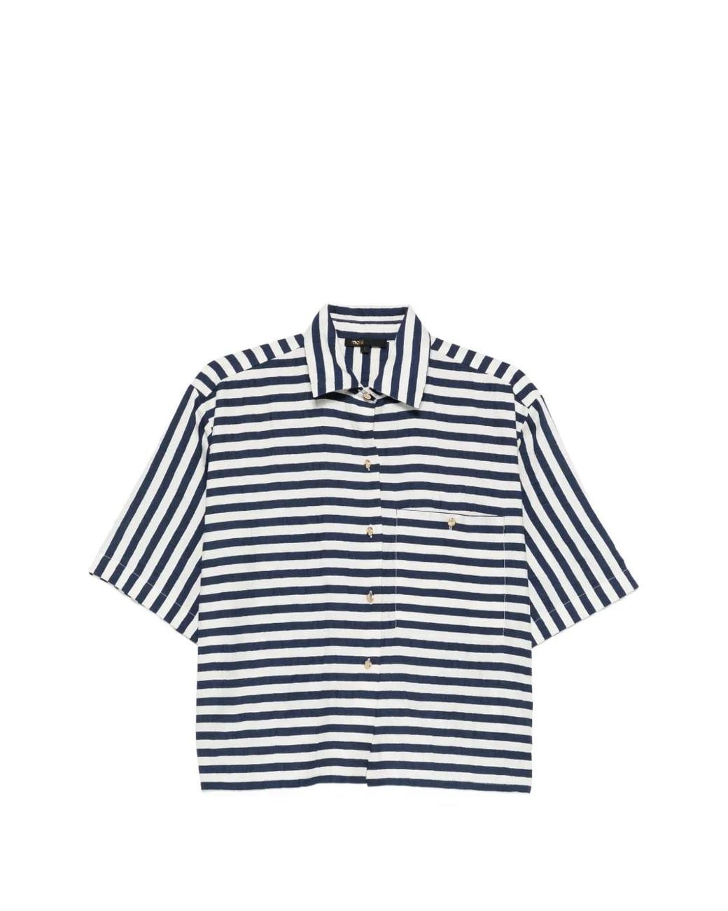Maje Blue Cropped Linen-Blend Shirt