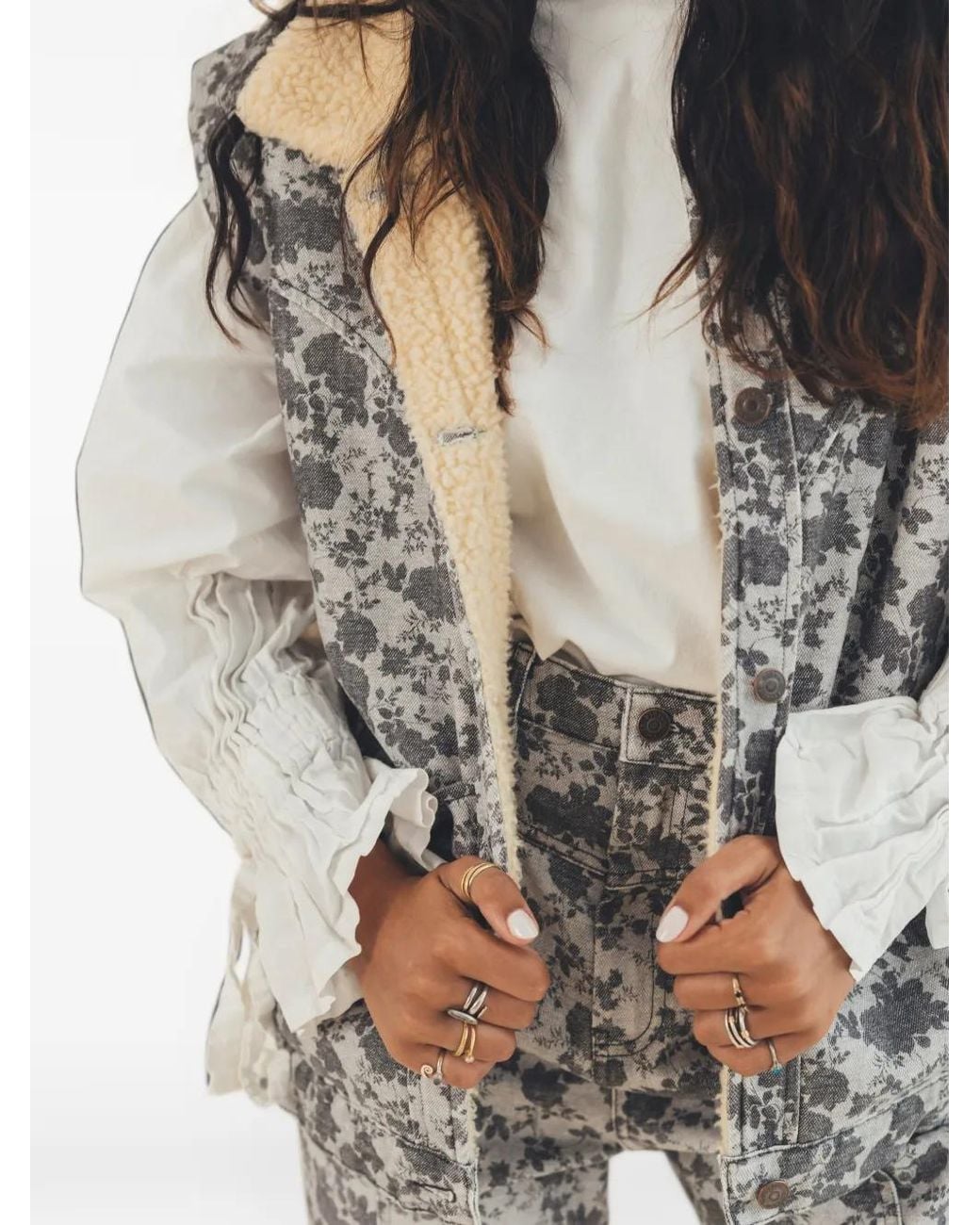 Favorite People Gray Golden Hour Floral-Print Sherpa-Collar Gilets