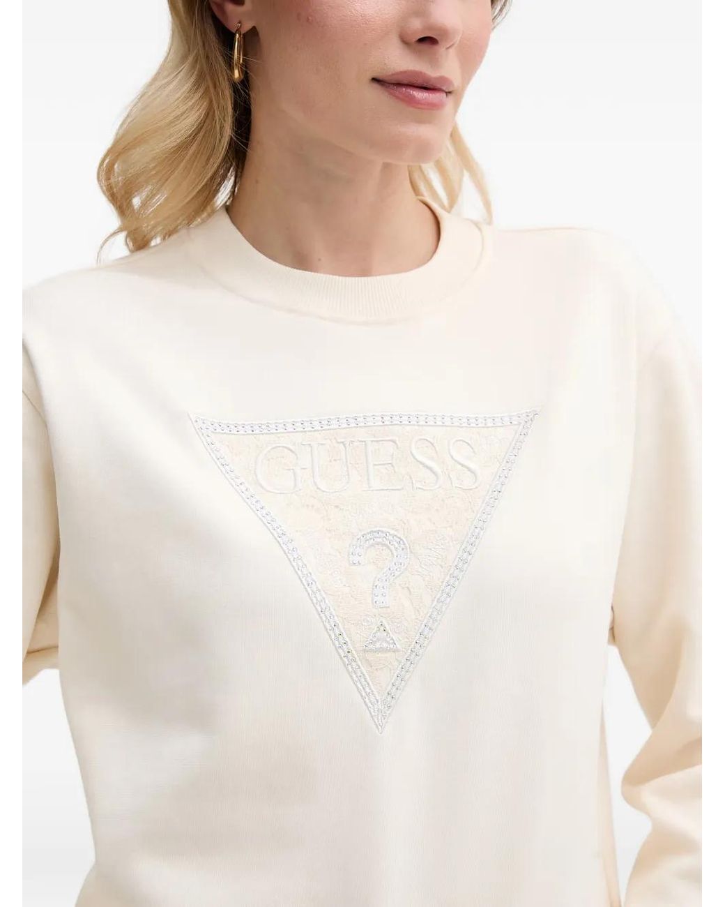 Guess White Lace-Patchwork Logo-Embellished Sweatshirt