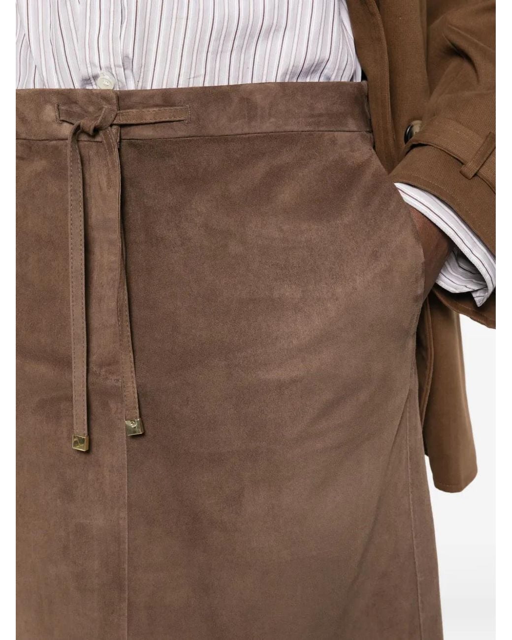Max Mara Brown Drawstring Leather Midi Skirt