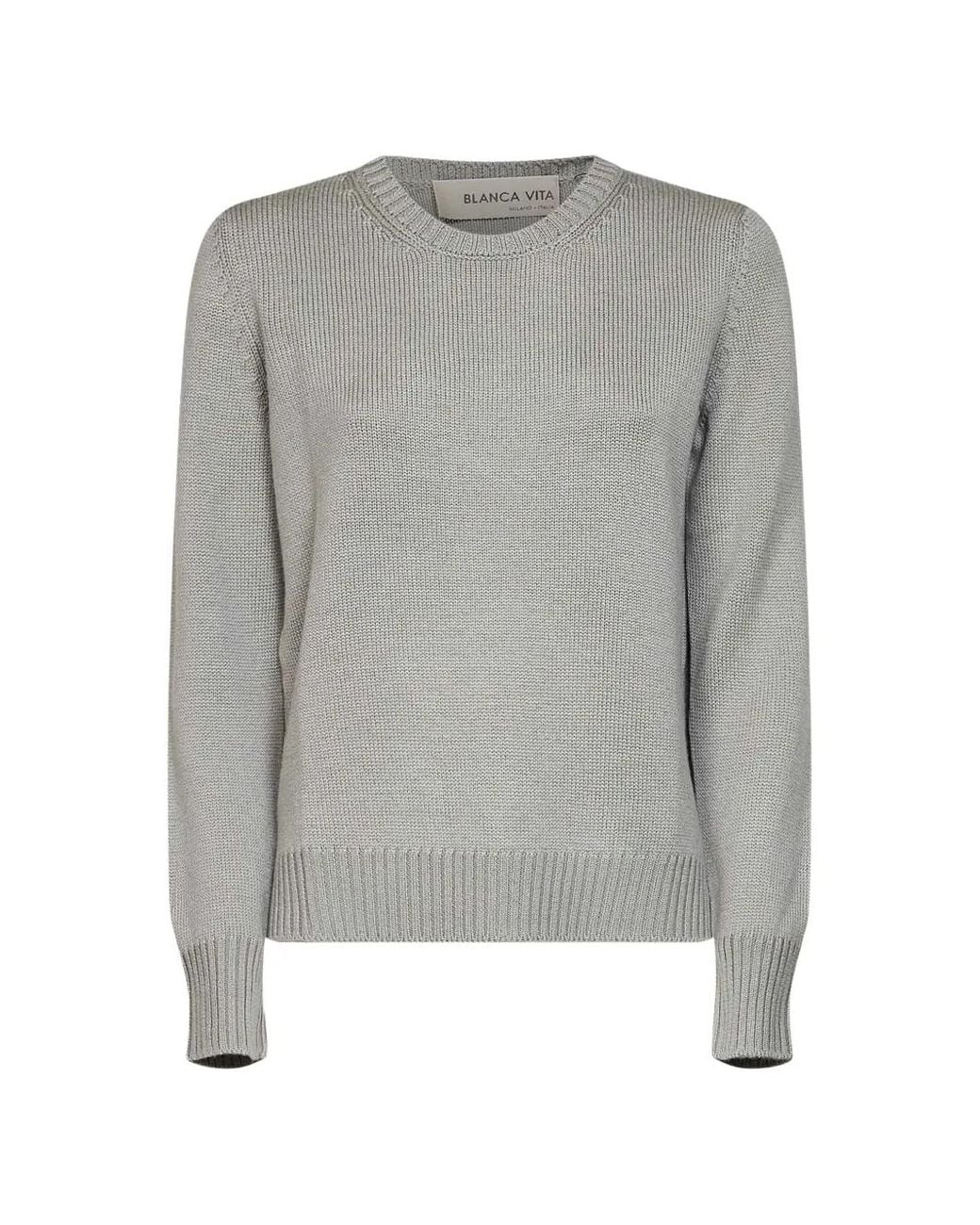 Blanca Vita Gray Ribbed-Knit Crew-Neck Sweater