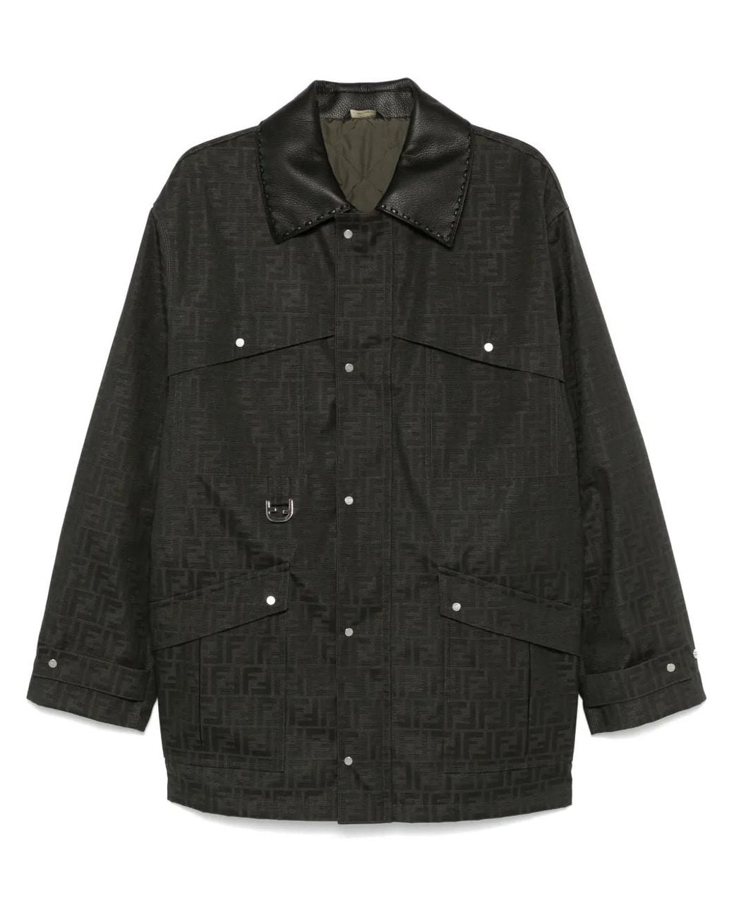 Fendi Black Ff-Jacquard Waxed Coat for men