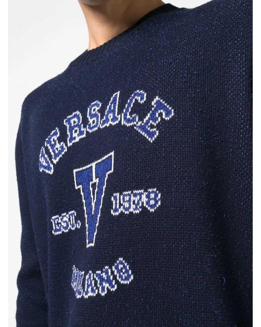 Versace Blue Intarsia-Knit Logo Jumper for men