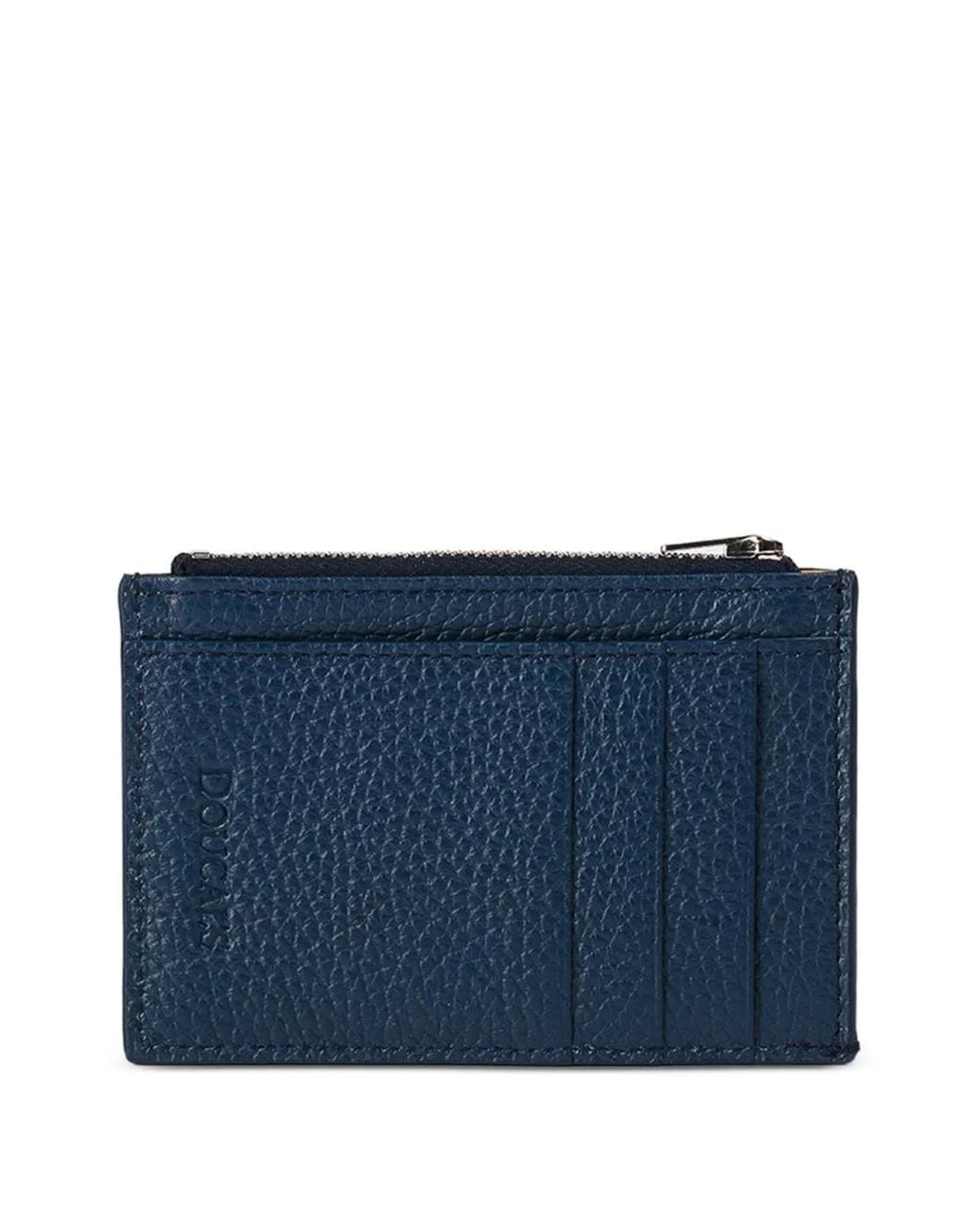 Doucal's Blue Tumbled Leather Zip Card Holder for men