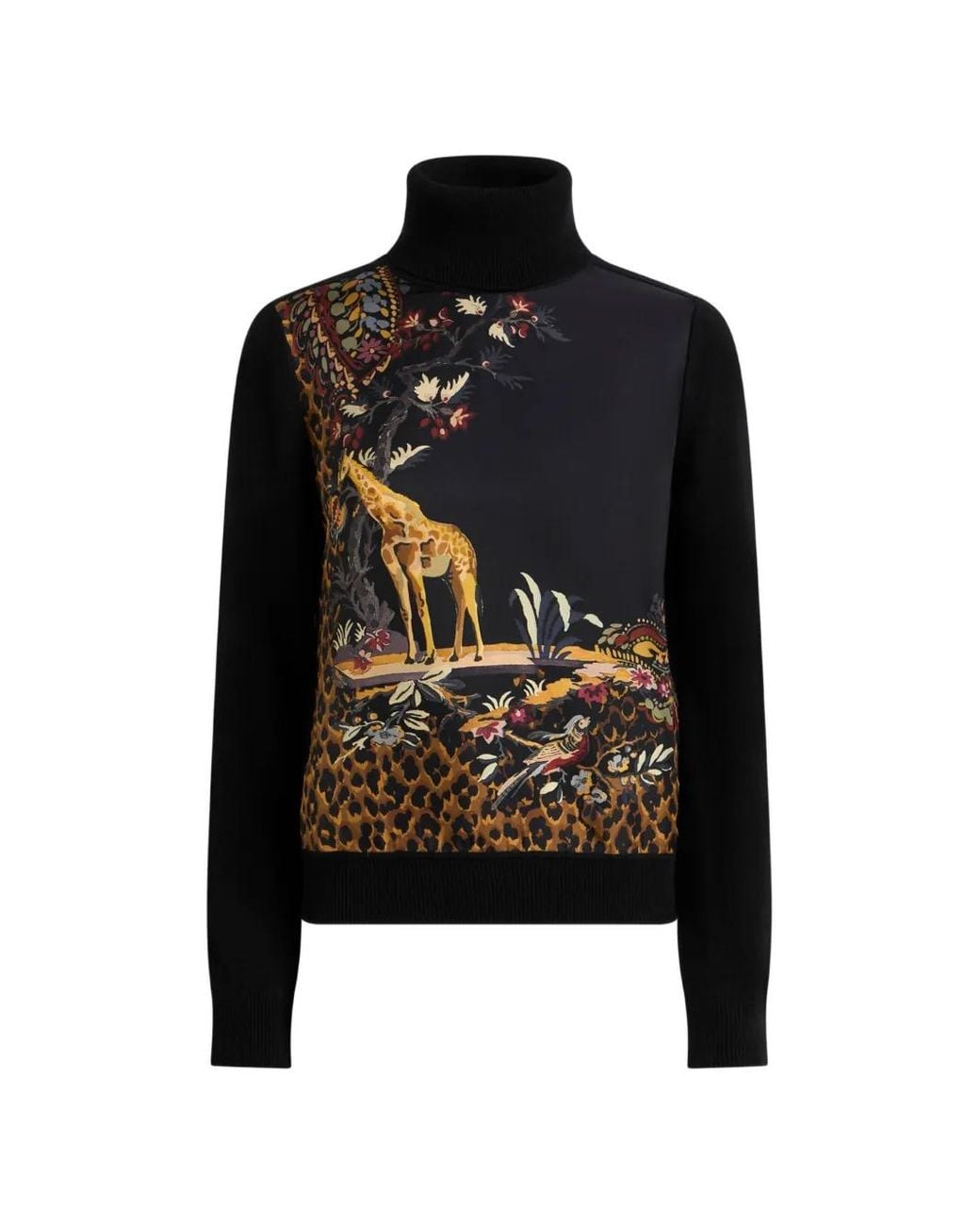 Etro Black Wool-Blend Turtleneck Sweater With Placed Animal And Paisley Print