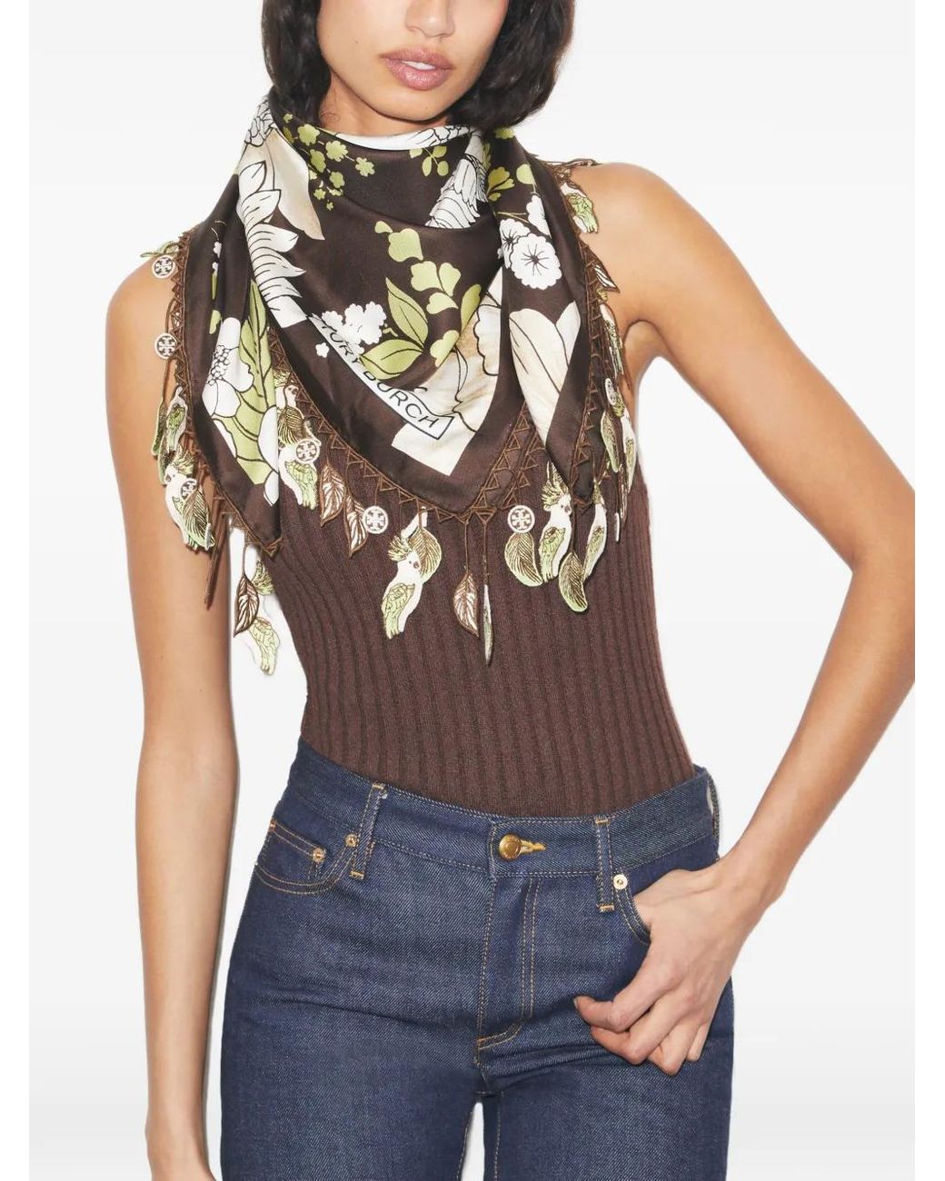 Tory Burch White Floral Silk Square Scarf
