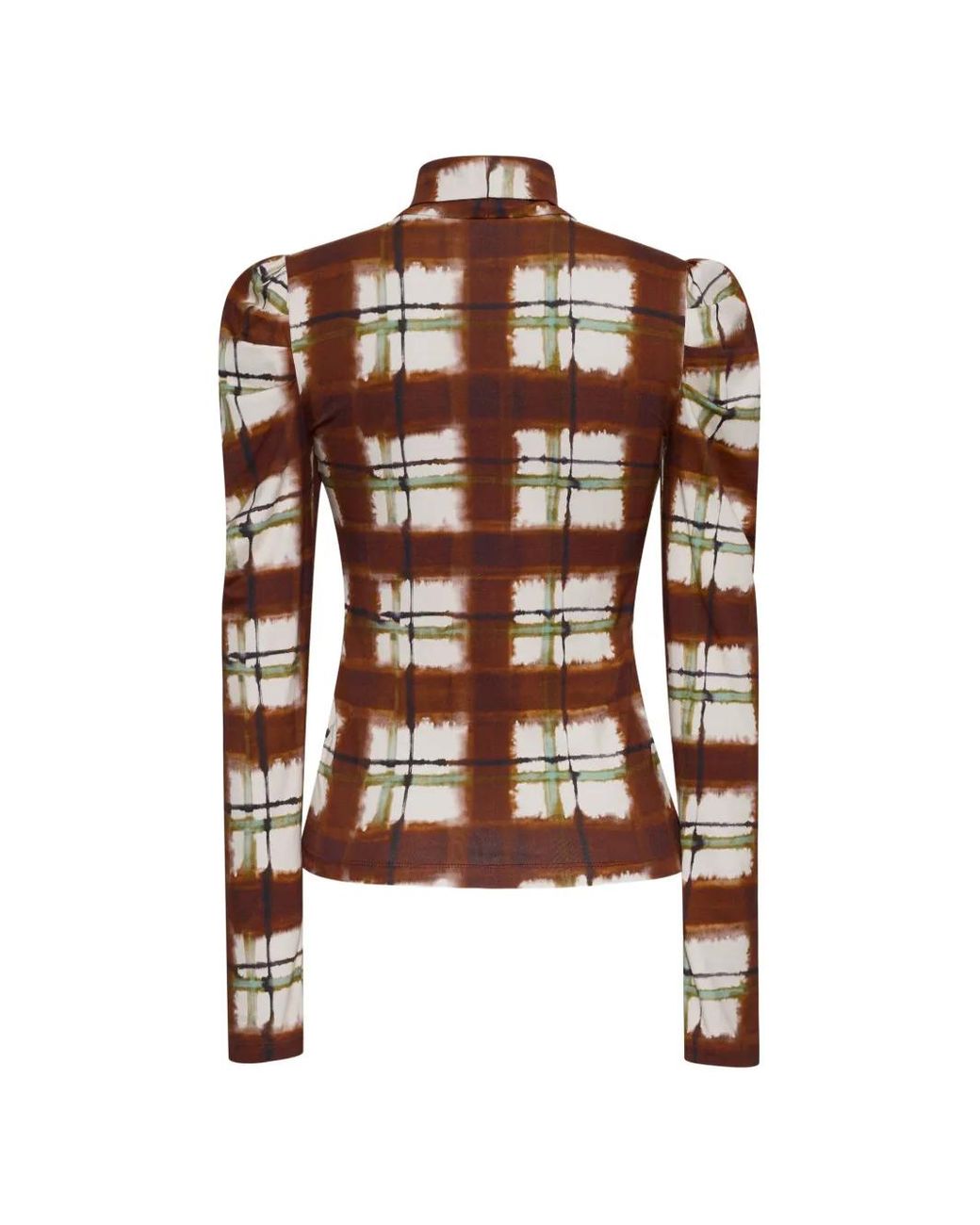 Cara Cara Brown Chira Plaid Puff-Sleeve T-Shirt