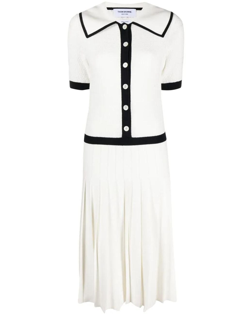 Thom Browne White Pointelle-Knit Pleated Midi Dress