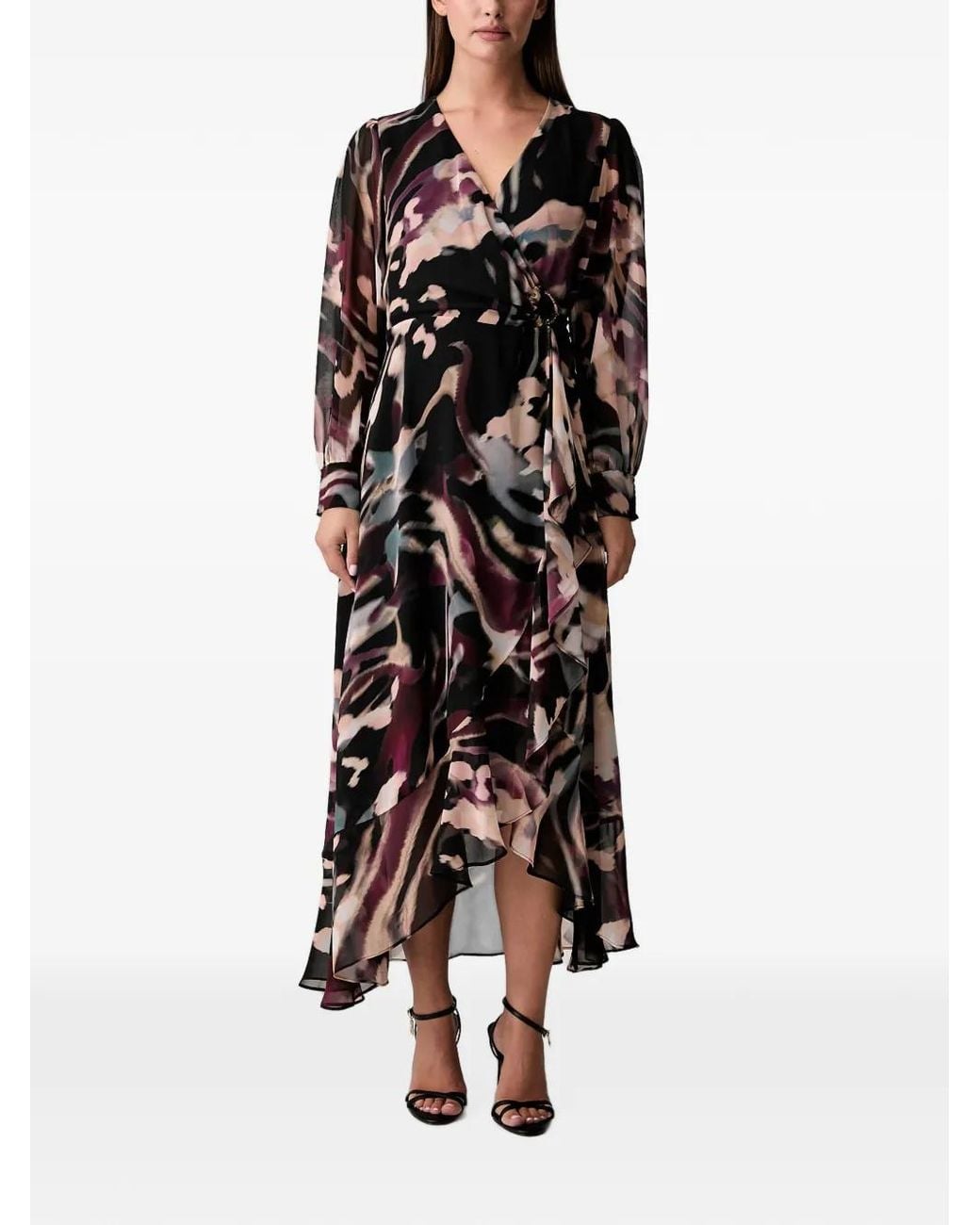 Joseph Ribkoff Black Abstract-Print Wrap Midi Dress