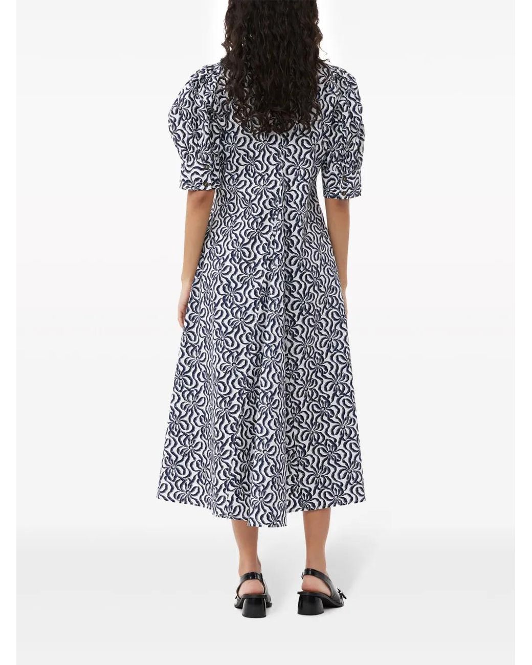 Ganni Blue Graphic-Print Organic-Cotton Midi Dress