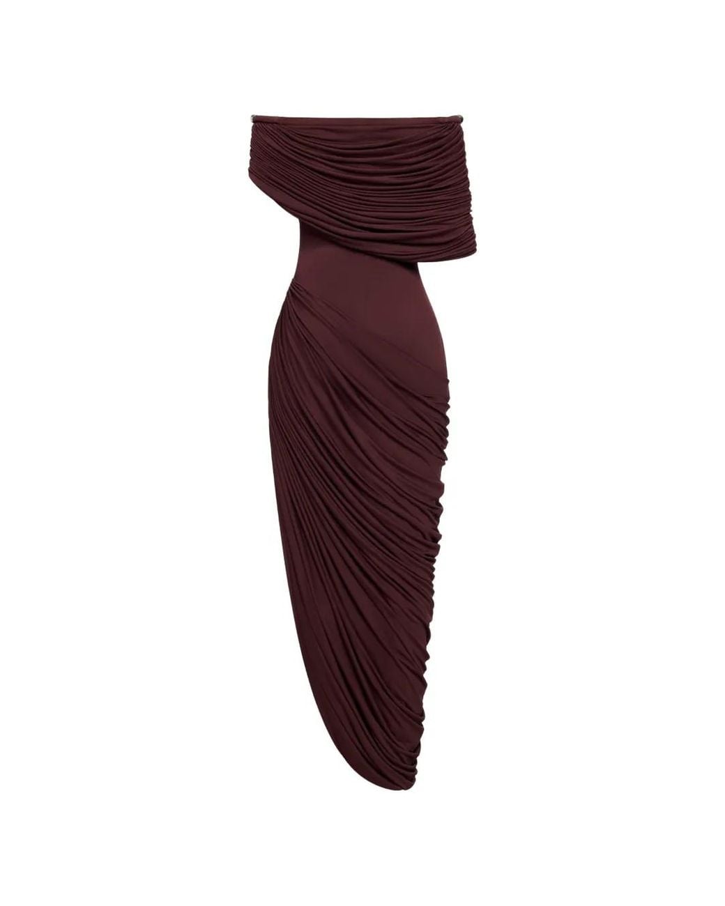 Chats by C.Dam Purple Thalyn Off-Shoulder Draped Midi Dress