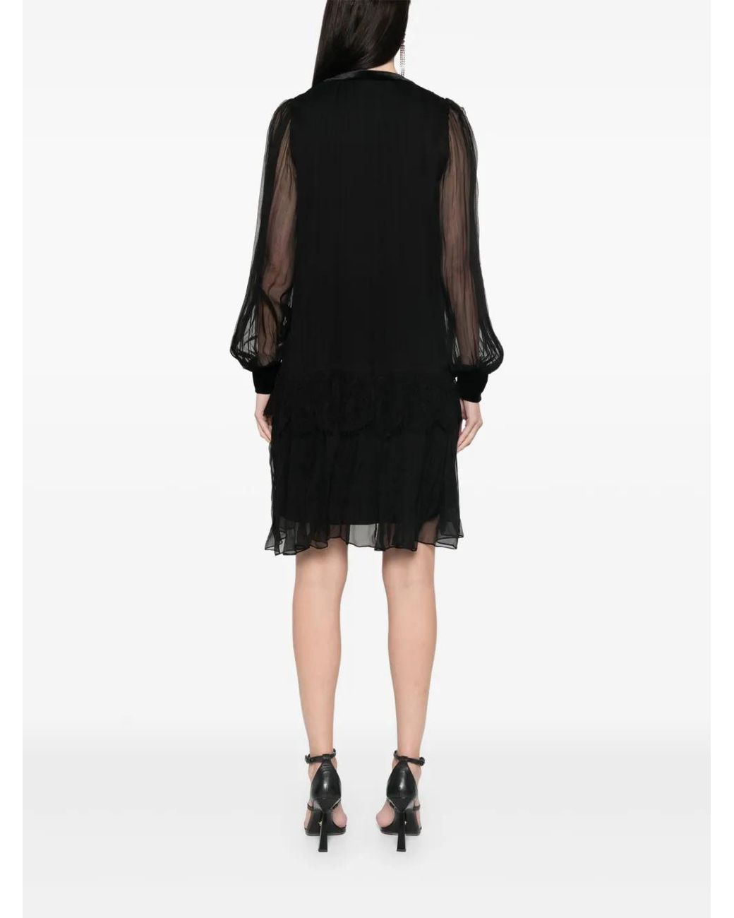 Nissa Black Lace-Panelling Silk Mini Dress
