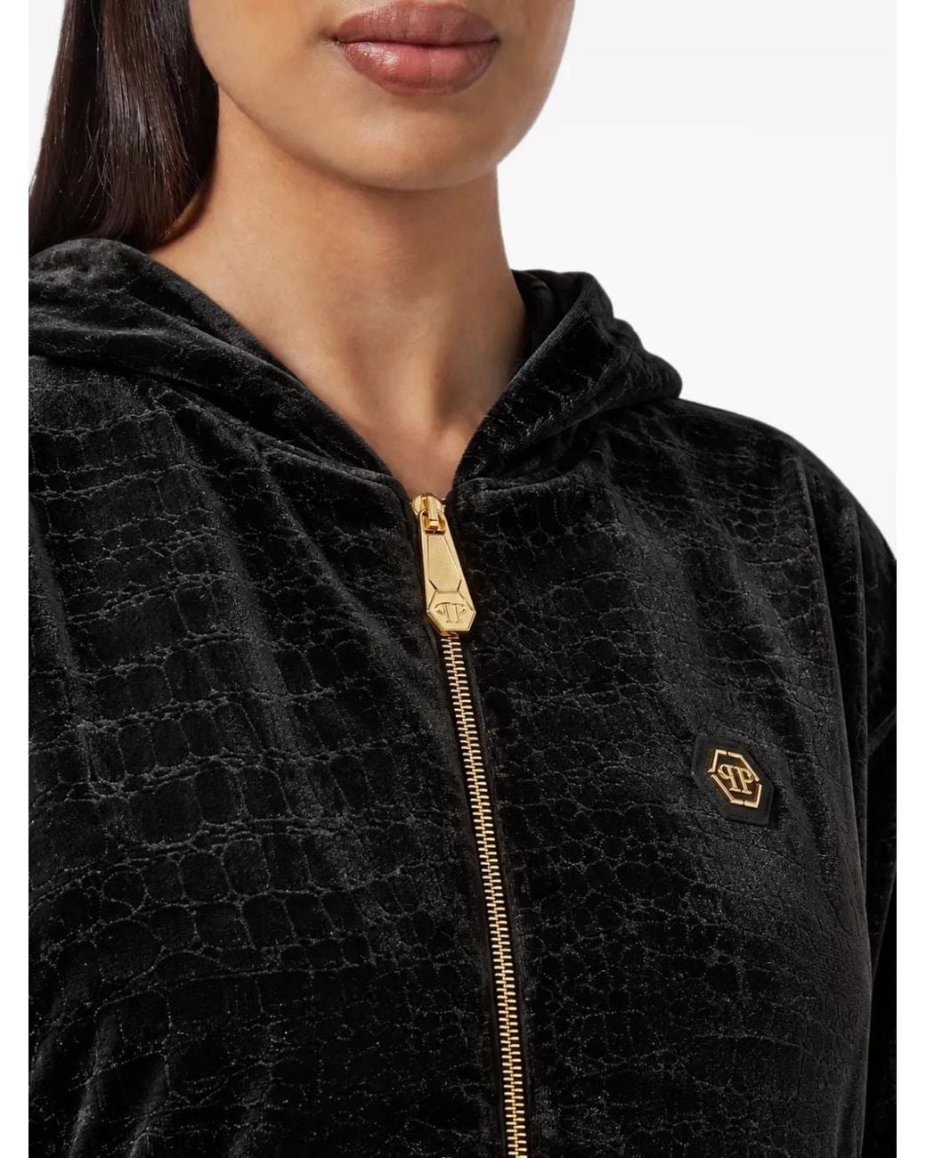 Philipp Plein Black Chenille Zip Hoodie Cocco