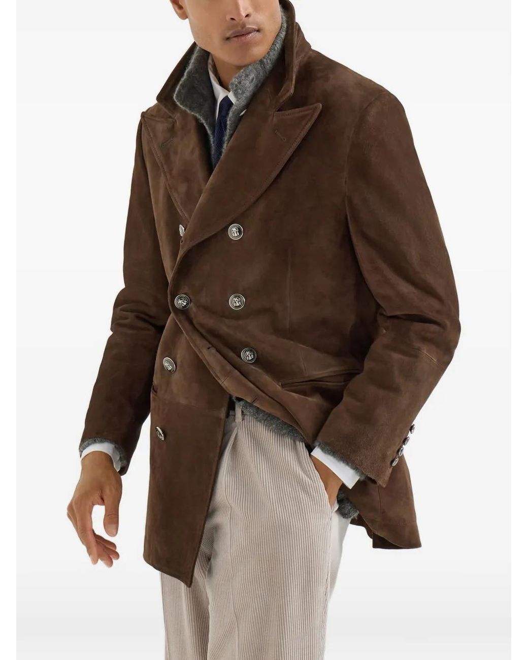 Brunello Cucinelli Brown Veste En Daim À Revers Crantés for men