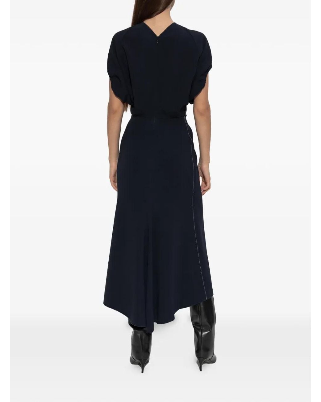 Victoria Beckham Blue Blouson Detail V-Neck Midi Dress Clothing