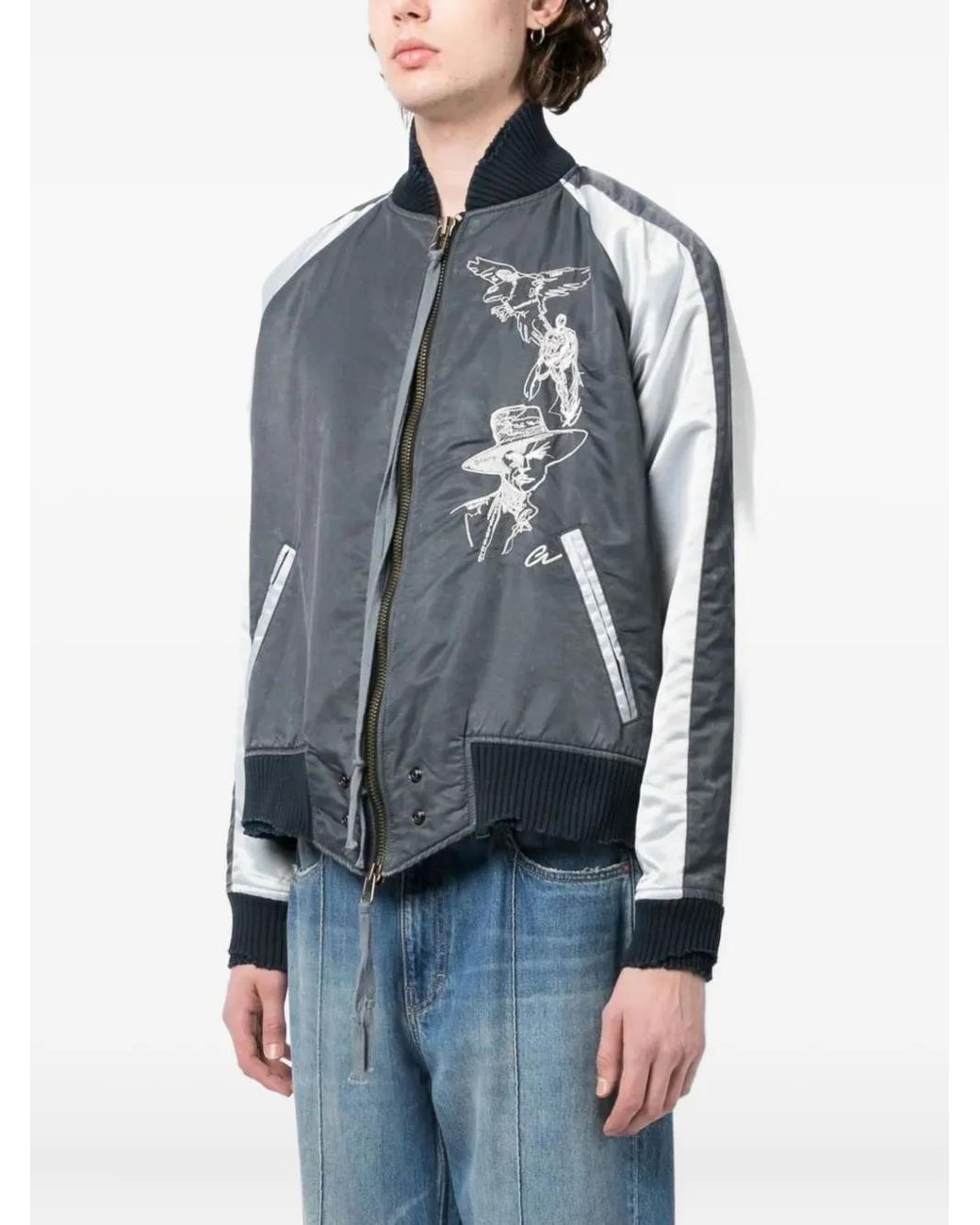 Greg Lauren Blue Embroidered Bomber Jacket for men