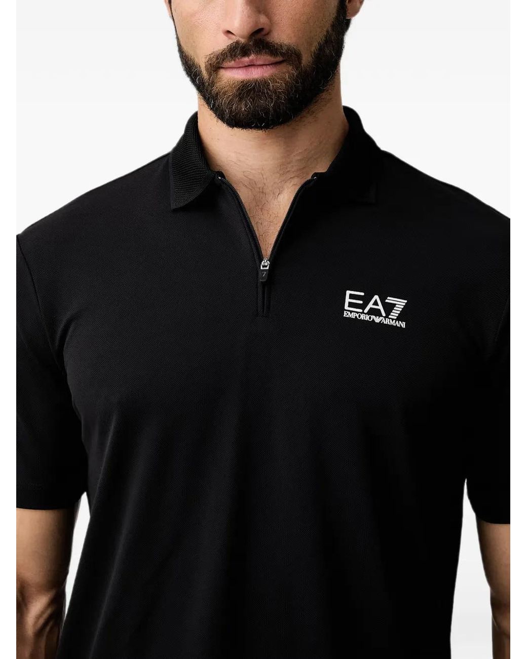 EA7 Black Logo-Print Zip-Neck Polo Shirt for men