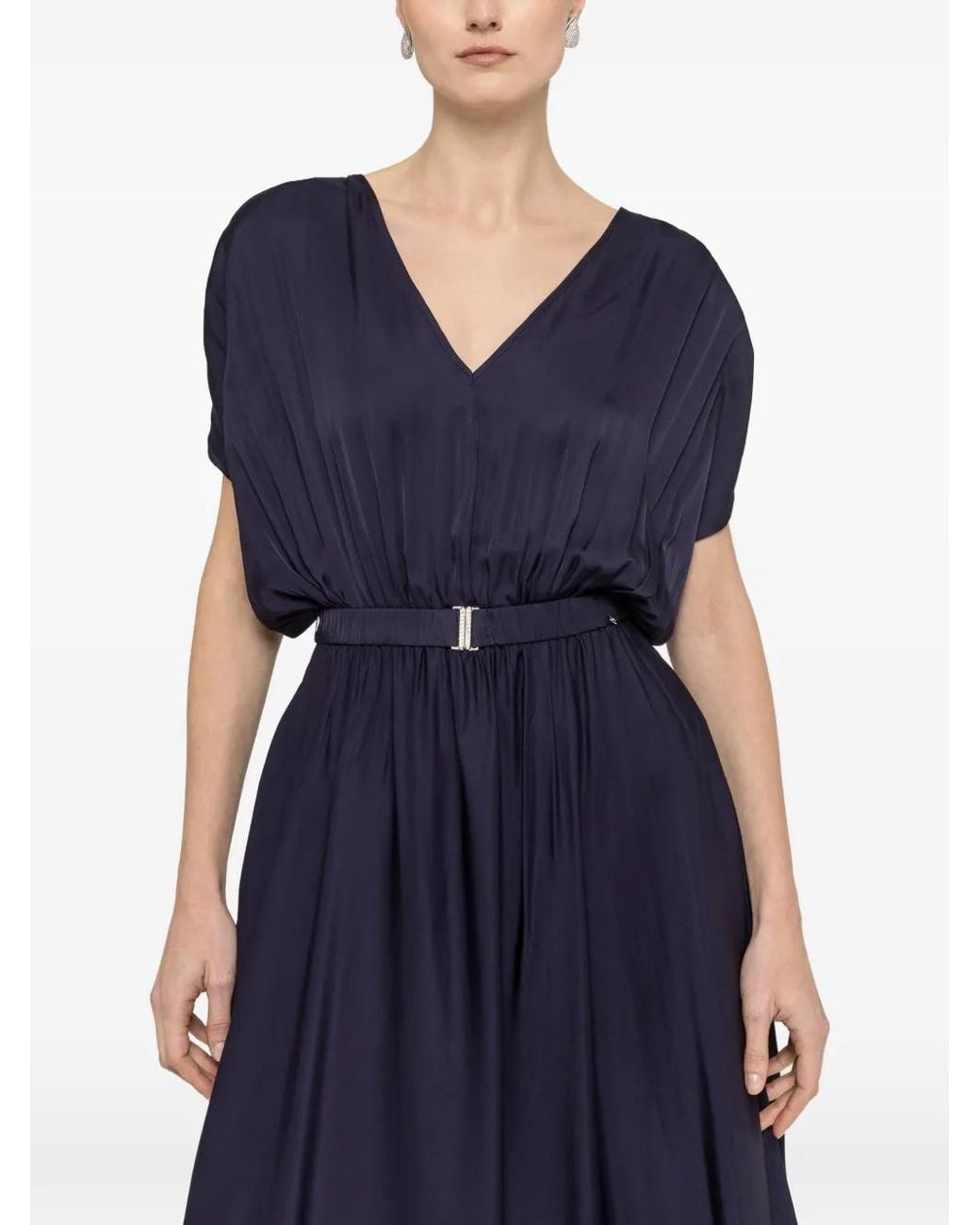 Nissa Blue Robe Mi-Longue Ceinturée À Col V