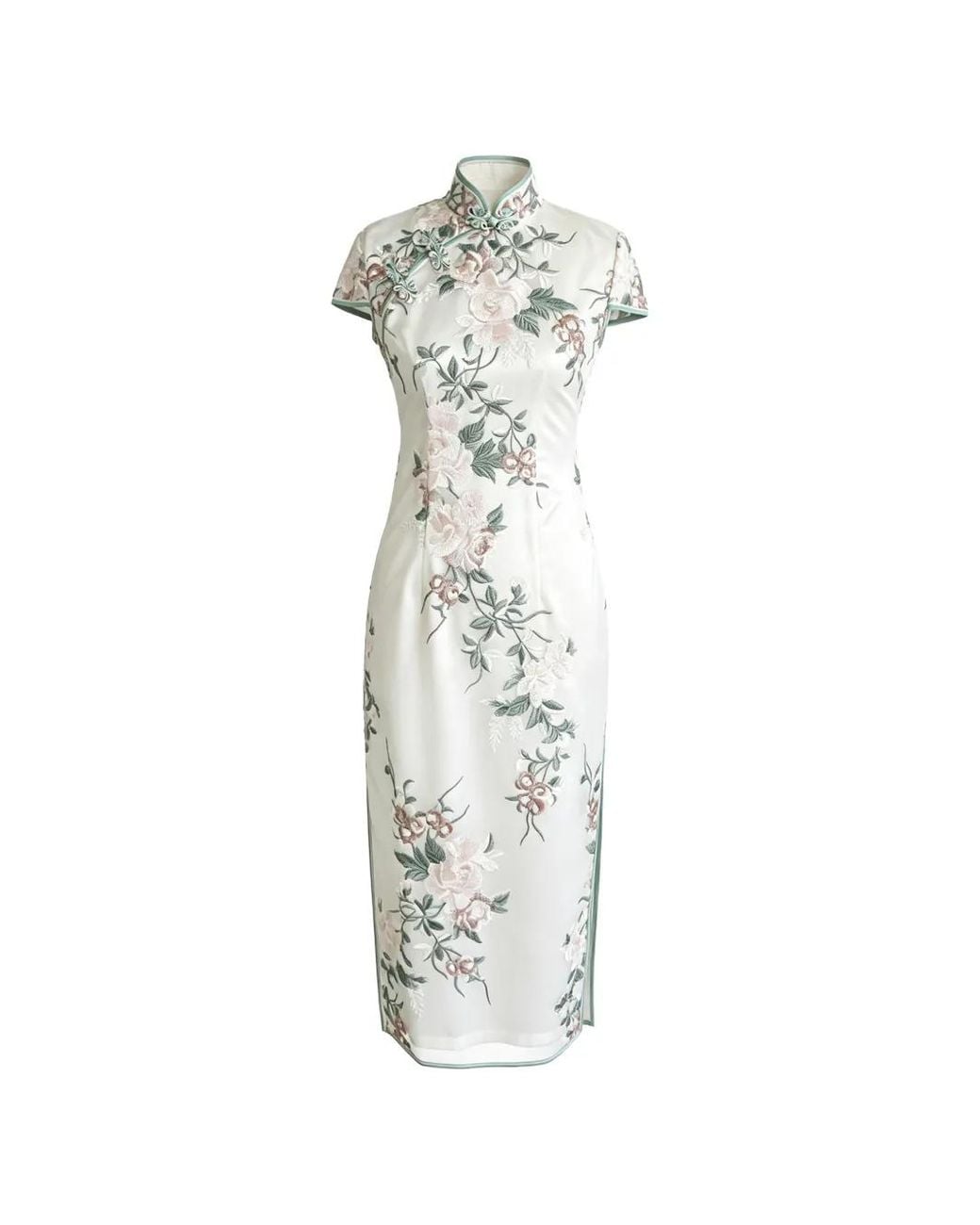 QIPOLOGY White Frog-Fastening Floral-Embroidered Qipao