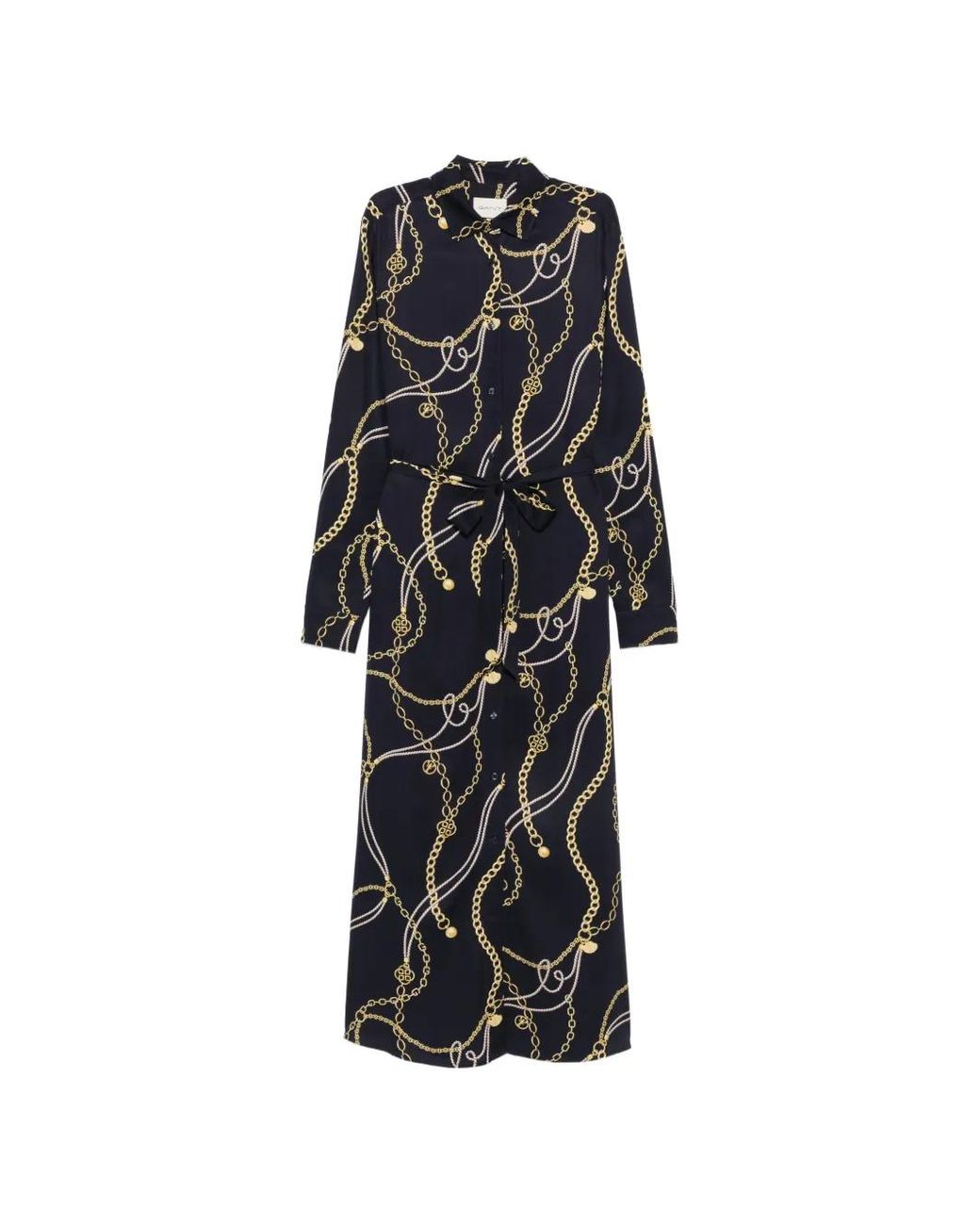 Gant Black Chain-Print Belted Shirt Midi Dress