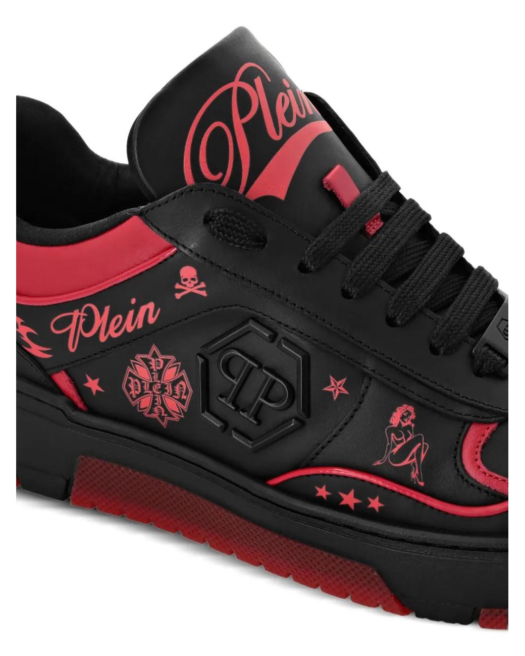 Philipp Plein Red Nappa Leather Low Top Sneakers All-Over Plein
