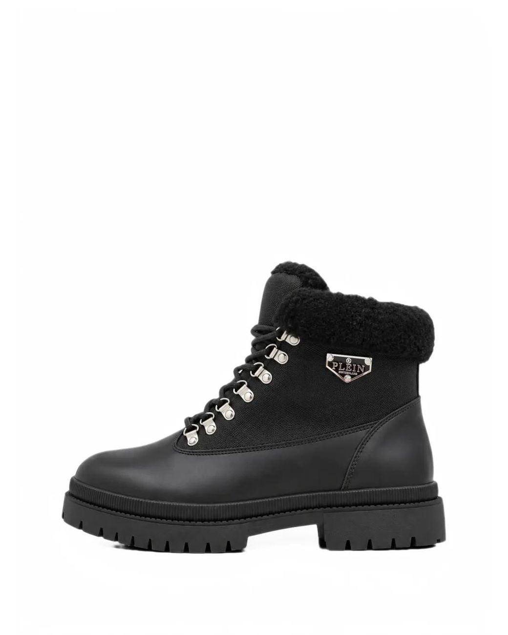Philipp Plein Black Faux-Fur Trim Lace-Up Boots