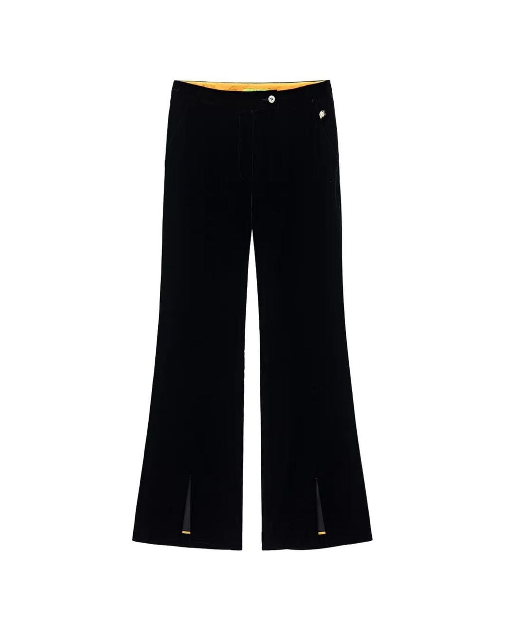 Shanghai Tang Black Meow Meow Velvet-Effect Slit-Hem Trousers