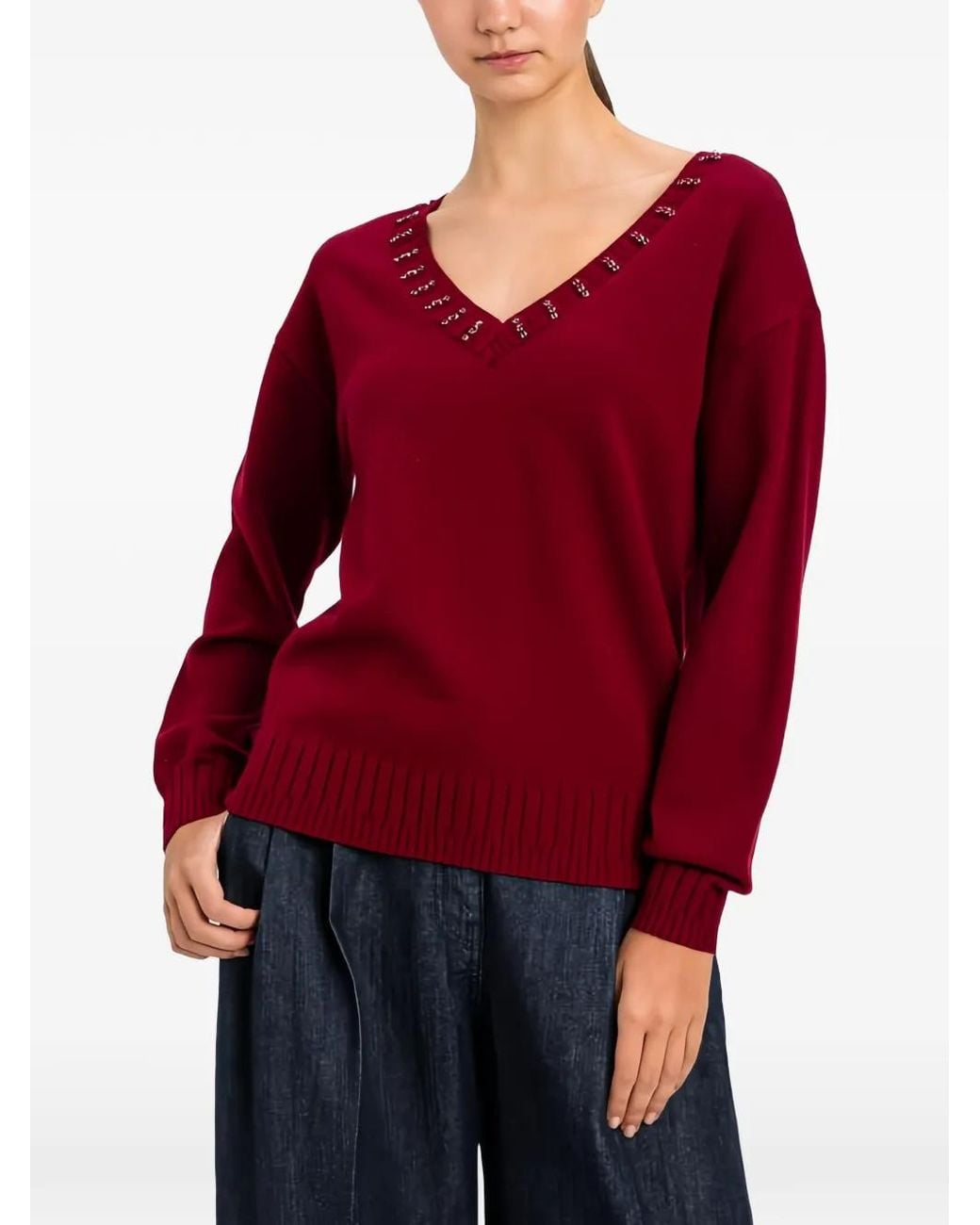 Twinset Red Crystal-Embellished V-Neck Sweater