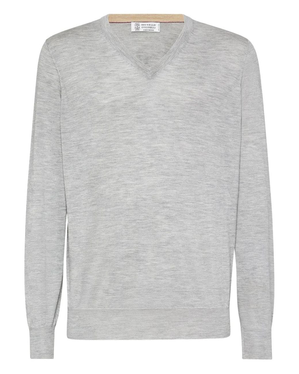 Brunello Cucinelli Gray V-Neck Cashmere-Silk Jumper for men