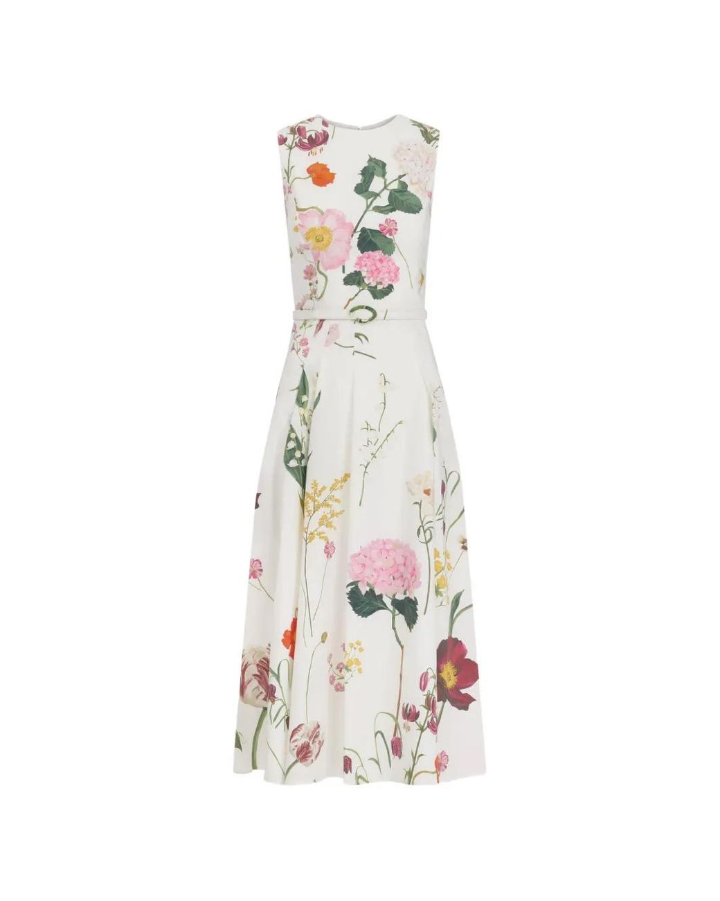 Oscar de la Renta White Botanical-Print Sleeveless Midi Dress