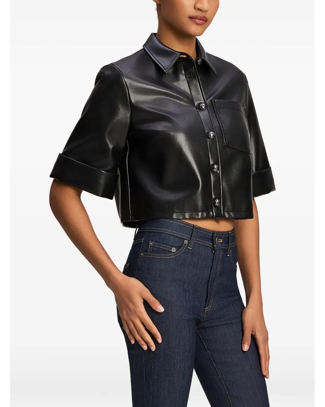 Cinq À Sept Black Aiden Faux-Leather Cropped Shirt