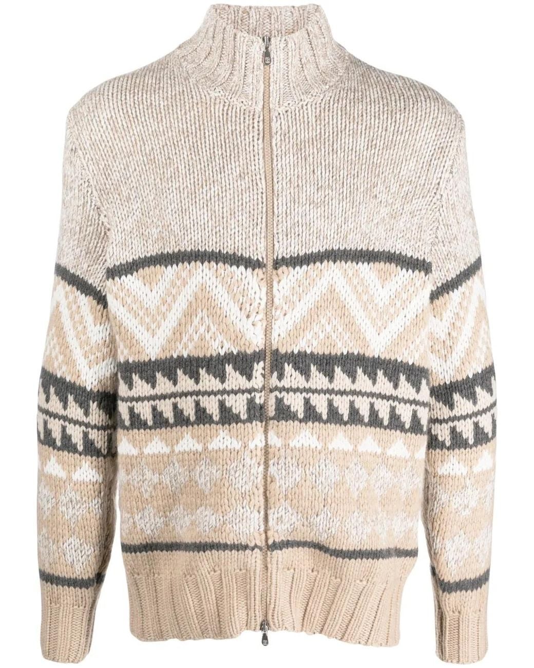 Brunello Cucinelli Gray Intarsia-Knit Cashmere Zipped Cardigan for men